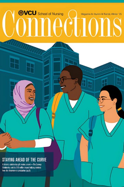 cover illustration for the winter 2024 issue of connections magazine depicting three students in front of cabaniss hall