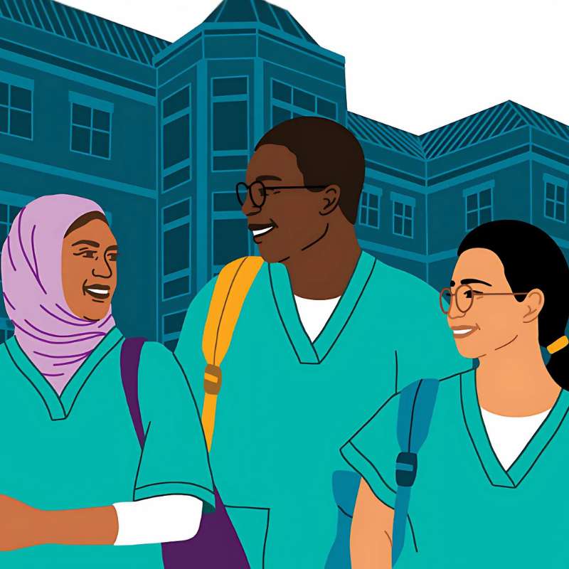 a colorful illustration of three v.c.u. nursing students in front of cabaniss hall