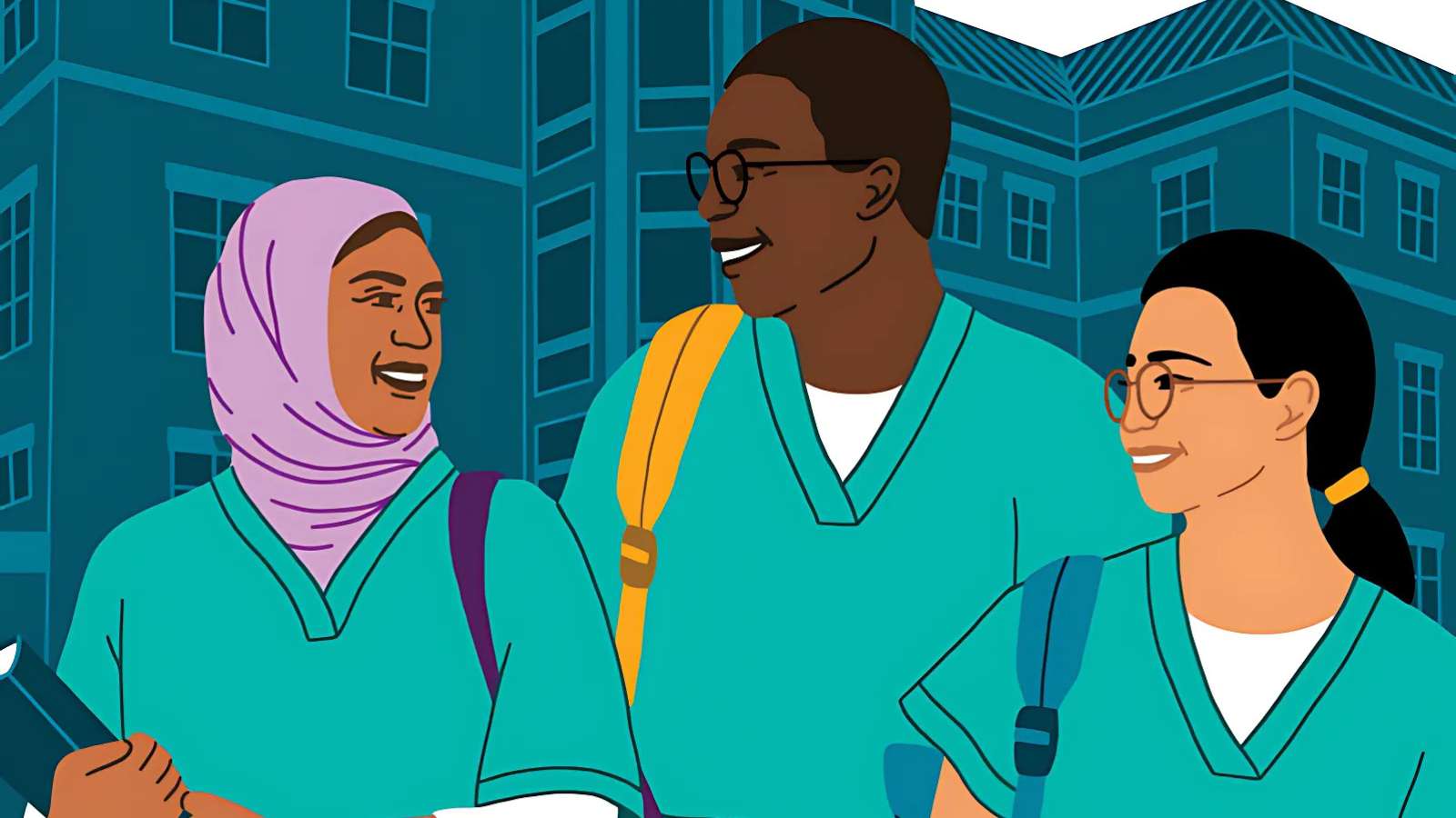 a colorful illustration of three v.c.u. nursing students in front of cabaniss hall