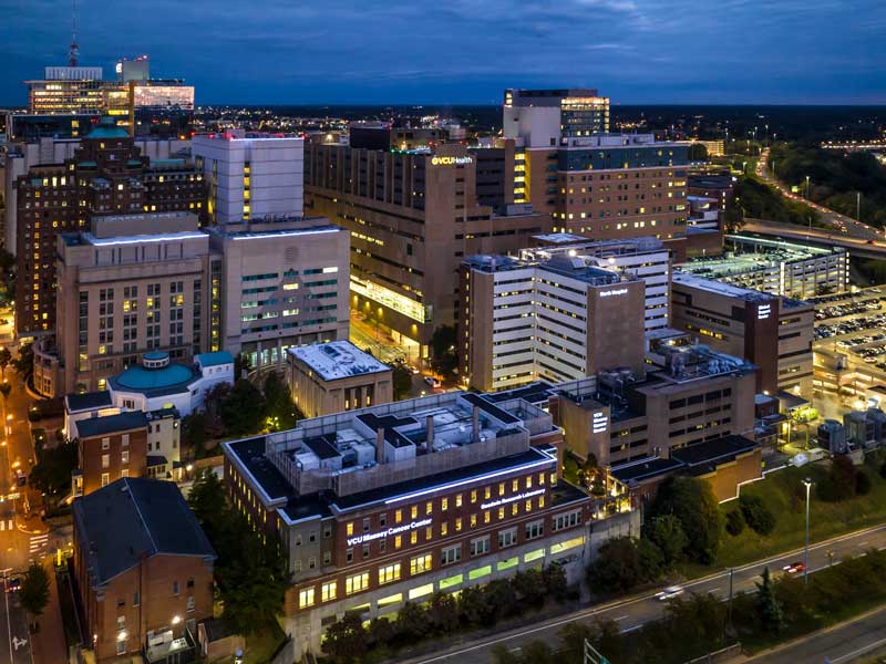 aerial view of the v.c.u. health campus at night